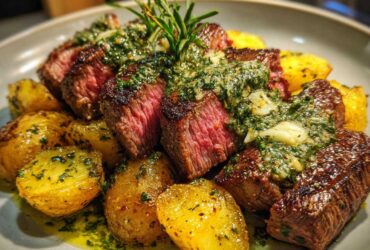 Perfectly cooked Garlic Butter Steak and Potatoes with Herb Sauce, sliced medium-rare and garnished with rosemary.