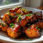 Close-up of glistening Honey Butter Garlic Salmon Bites coated in a rich glaze and topped with fresh parsley.