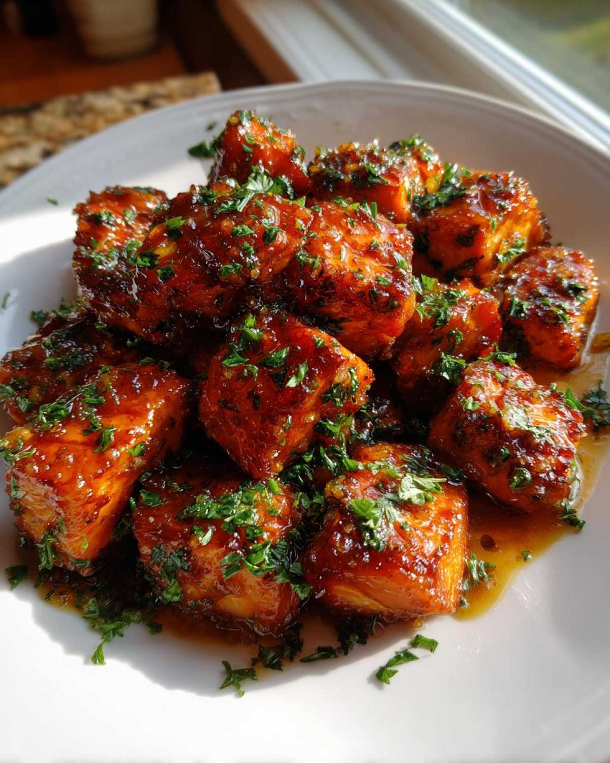 Close-up of glistening Honey Butter Garlic Salmon Bites piled on a white plate, garnished with fresh parsley.
