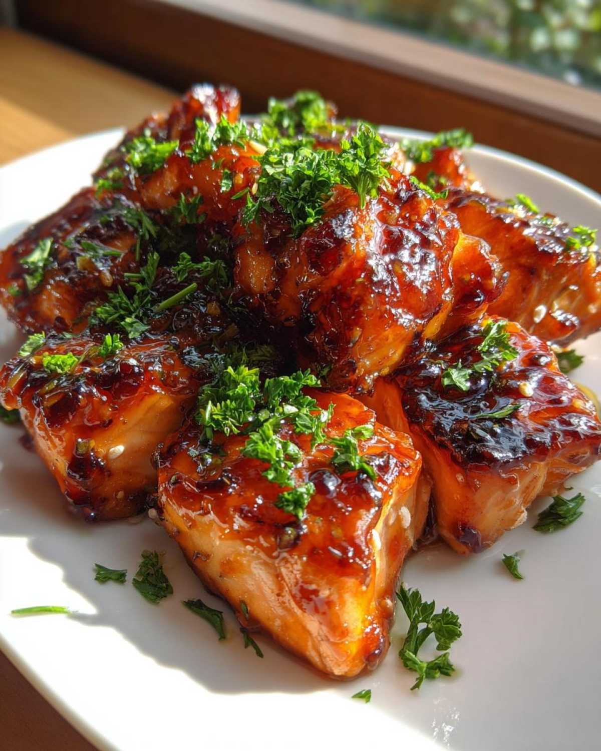 Close-up of glistening Honey Butter Garlic Salmon Bites, glazed dark brown and topped with fresh chopped parsley.