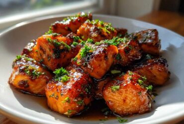 Close-up of glistening Honey Butter Garlic Salmon Bites coated in a rich glaze and topped with fresh parsley.