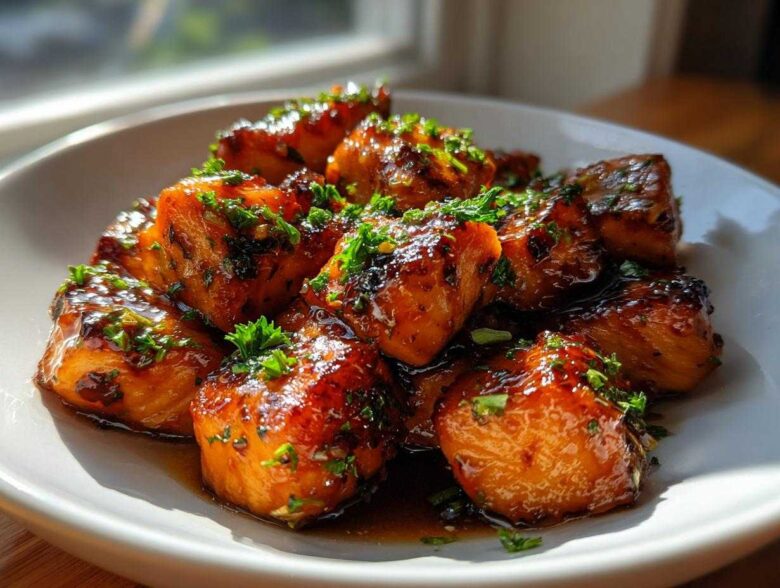 Close-up of glistening Honey Butter Garlic Salmon Bites coated in a rich glaze and topped with fresh parsley.