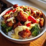 Close-up of a Honey Garlic Chicken Bowl featuring glazed chicken pieces over rice, topped with creamy sauce, broccoli, and red peppers.