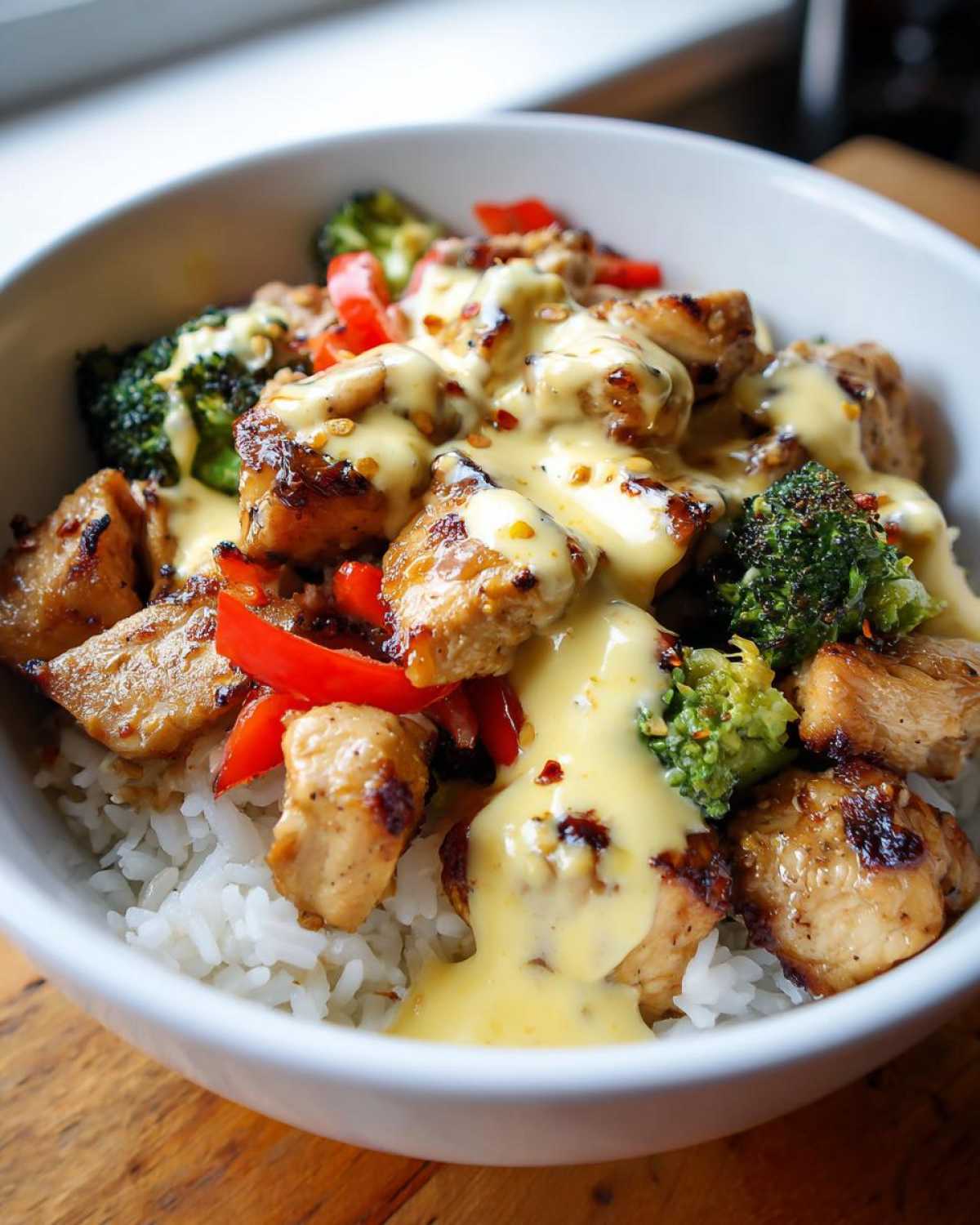 Close-up of a Honey Garlic Chicken Bowl featuring grilled chicken pieces, broccoli, red peppers, and a generous drizzle of creamy sauce over rice.