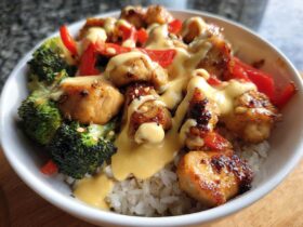 Close-up of a Honey Garlic Chicken Bowl featuring glazed chicken pieces, broccoli, red peppers, and a generous drizzle of creamy sauce over rice.