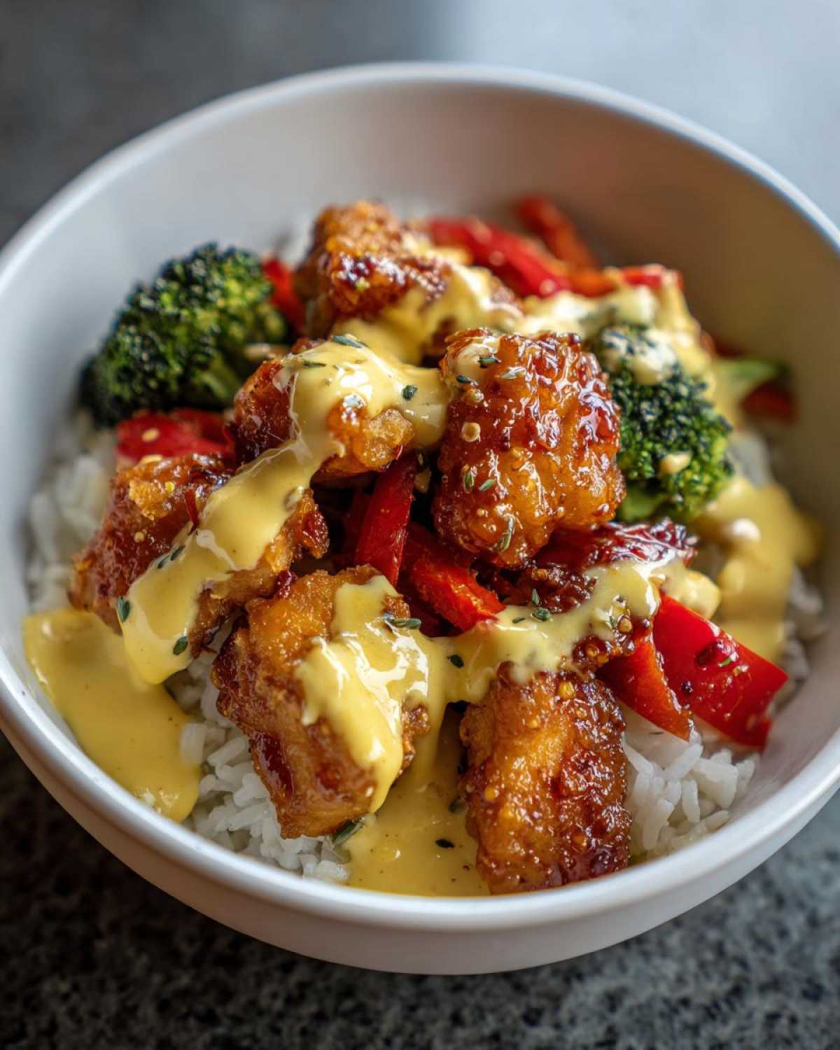 Close-up of a Honey Garlic Chicken Bowl featuring crispy chicken, red peppers, broccoli, and a generous drizzle of creamy sauce over rice.