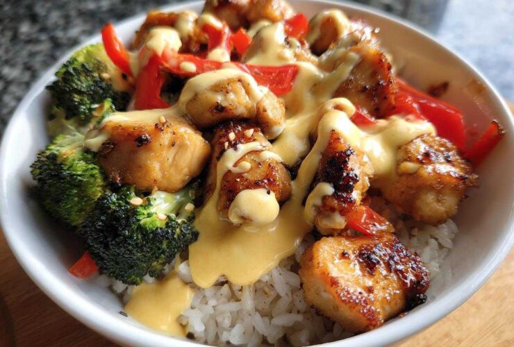 Close-up of a Honey Garlic Chicken Bowl featuring glazed chicken pieces, broccoli, red peppers, and a generous drizzle of creamy sauce over rice.