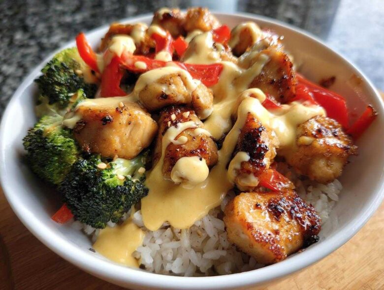 Close-up of a Honey Garlic Chicken Bowl featuring glazed chicken pieces, broccoli, red peppers, and a generous drizzle of creamy sauce over rice.