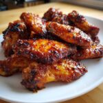 Close-up of glossy, caramelized Honey Sriracha Chicken Wings Crispy Oven Baked piled on a white plate.