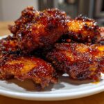 Close-up of glossy, caramelized Honey Sriracha Chicken Wings Crispy Oven Baked piled on a white plate.