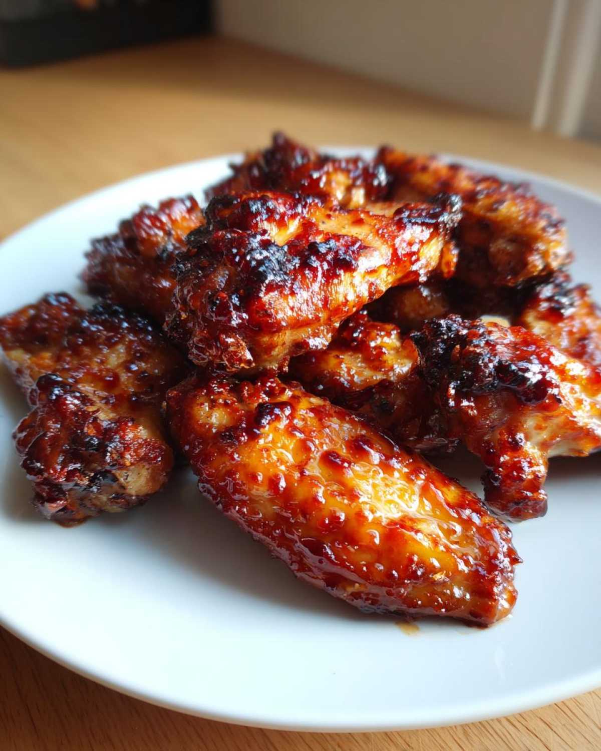 A close-up of several glossy, caramelized Honey Sriracha Chicken Wings Crispy Oven Baked piled on a white plate.