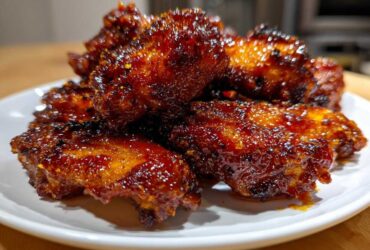 Close-up of glossy, caramelized Honey Sriracha Chicken Wings Crispy Oven Baked piled on a white plate.