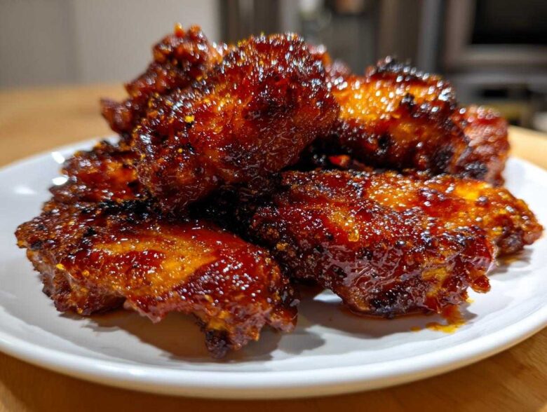 Close-up of glossy, caramelized Honey Sriracha Chicken Wings Crispy Oven Baked piled on a white plate.
