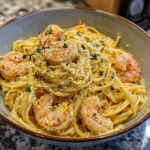 Close-up of a bowl filled with Lemon Butter Shrimp Pasta, topped with Parmesan and parsley.