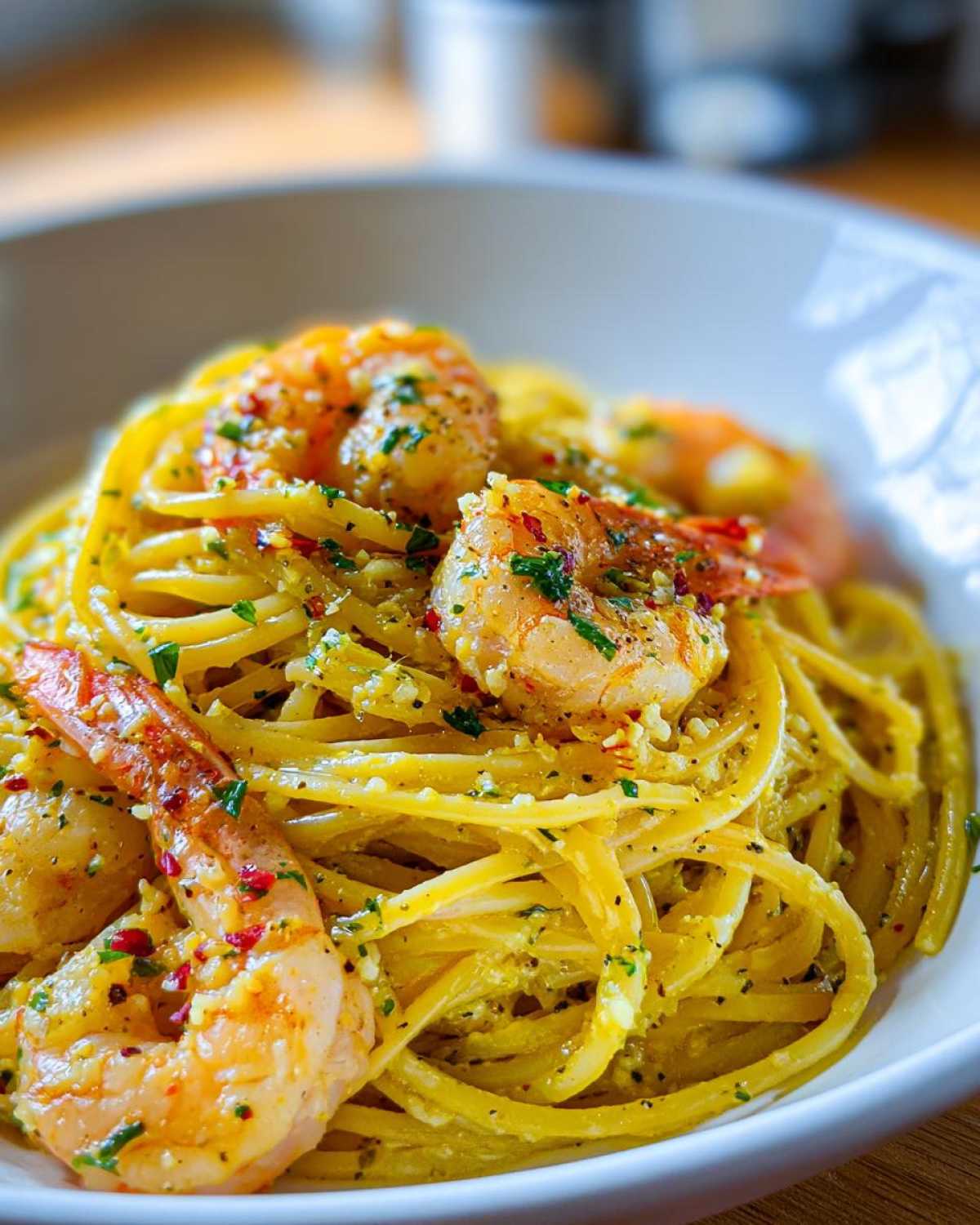 A close-up of a serving of Lemon Butter Shrimp Pasta tossed in a rich, yellow sauce and topped with seasoned shrimp.
