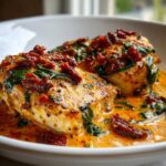 Two juicy chicken breasts smothered in a creamy orange sauce with spinach and sun dried tomatoes, ready to eat.