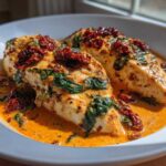 Two juicy chicken breasts smothered in a creamy, orange sauce with spinach and sun dried tomatoes, ready to eat.