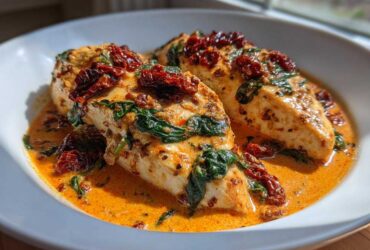 Two juicy chicken breasts smothered in a creamy, orange sauce with spinach and sun dried tomatoes, ready to eat.