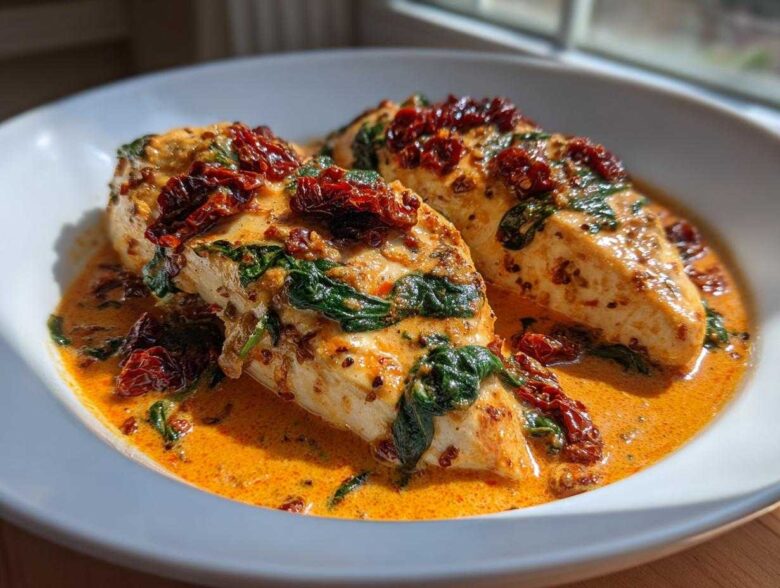 Two juicy chicken breasts smothered in a creamy, orange sauce with spinach and sun dried tomatoes, ready to eat.