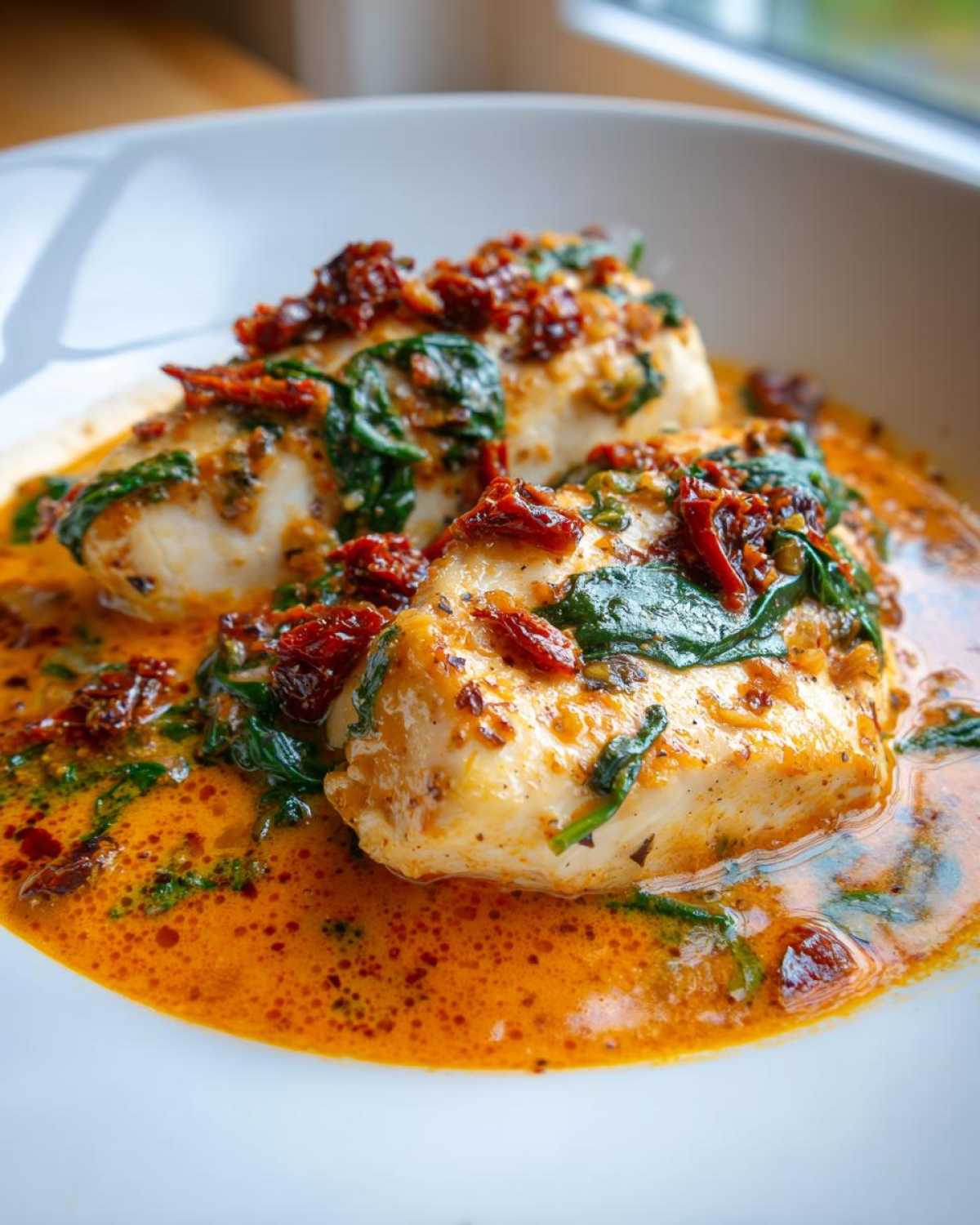 Two pieces of juicy chicken breast covered in a creamy, orange sauce with spinach and sun dried tomatoes in One Pan Tuscan Chicken.