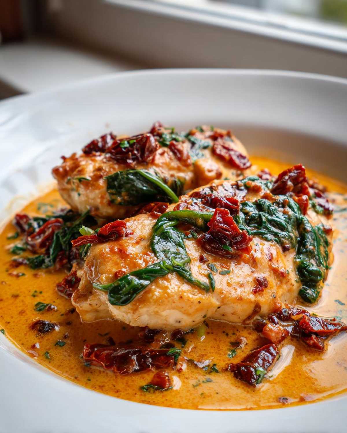 Two pieces of juicy One Pan Tuscan Chicken with Sun Dried Tomatoes and spinach in a creamy orange sauce served in a white bowl.