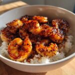 Close-up of Spicy Honey Garlic Shrimp served over white rice in a white bowl.