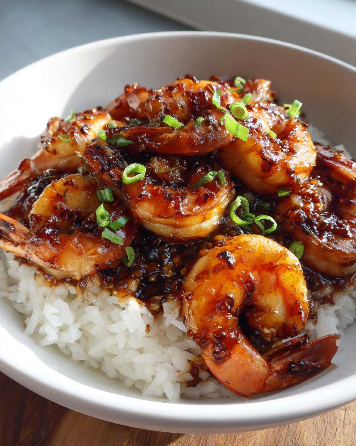 Close-up of Spicy Honey Garlic Shrimp with Rice Bowl, featuring glossy, saucy shrimp topped with green onions.