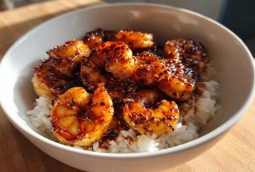 Close-up of Spicy Honey Garlic Shrimp served over white rice in a white bowl.