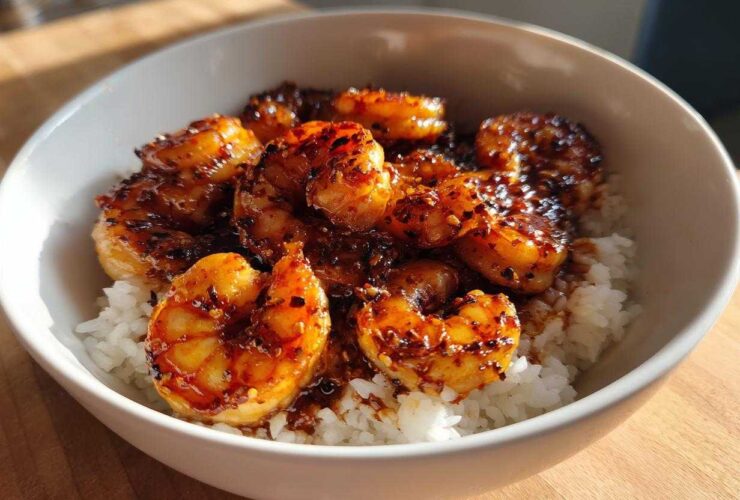 Close-up of Spicy Honey Garlic Shrimp served over white rice in a white bowl.