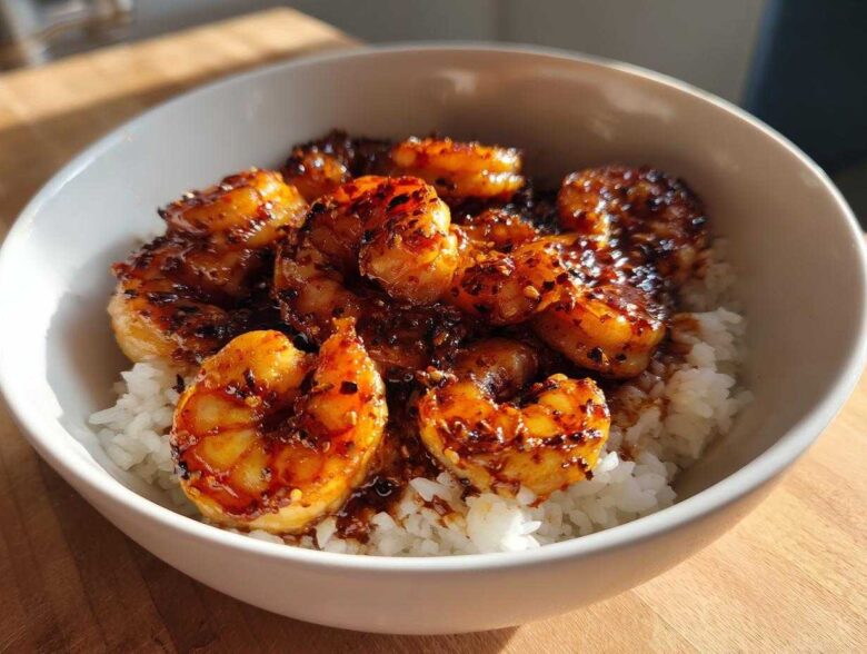 Close-up of Spicy Honey Garlic Shrimp served over white rice in a white bowl.
