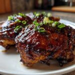 Close-up of glazed Sticky Honey Soy Chicken Thighs with Garlic, topped with fresh green onions.