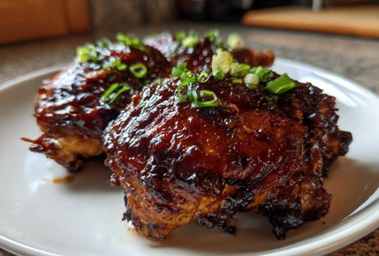 Close-up of glazed Sticky Honey Soy Chicken Thighs with Garlic, topped with fresh green onions.