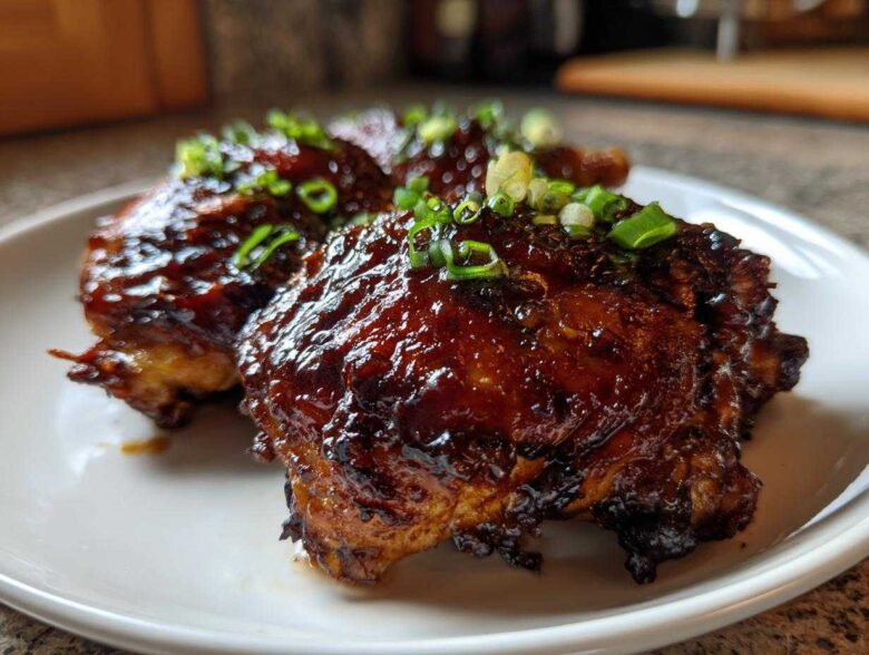 Close-up of glazed Sticky Honey Soy Chicken Thighs with Garlic, topped with fresh green onions.