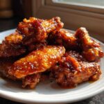 A pile of glistening Sticky Orange Chicken Wings with Honey Glaze piled high on a white plate, catching the sunlight.
