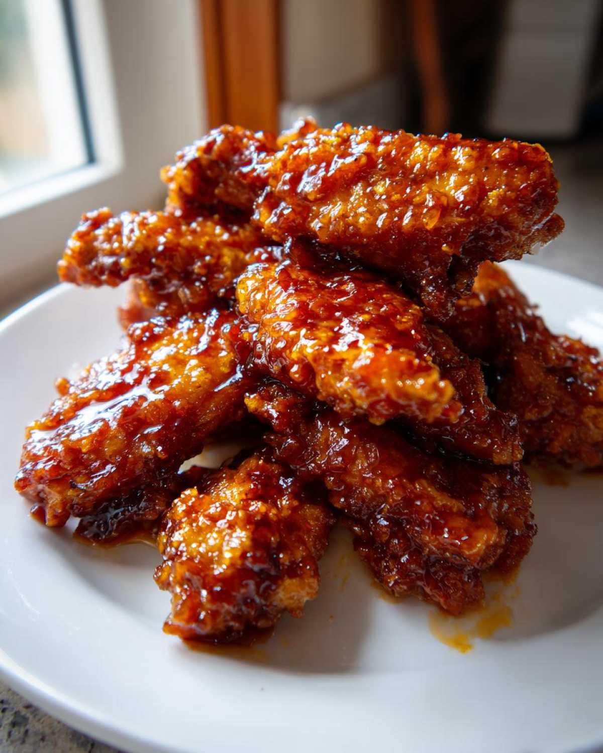 A pile of crispy, glazed chicken wings coated in a shiny, dark honey glaze, ready to eat.