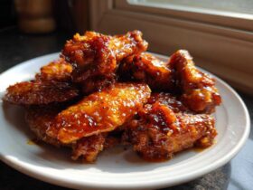 A pile of glistening Sticky Orange Chicken Wings with Honey Glaze piled high on a white plate, catching the sunlight.