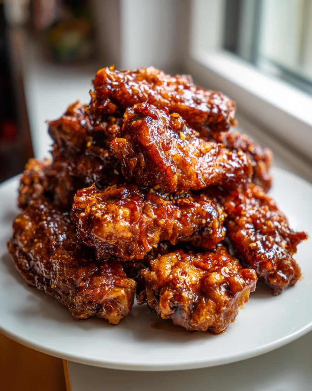 A close-up pile of crispy Sticky Orange Chicken Wings coated in a thick, glossy honey glaze.