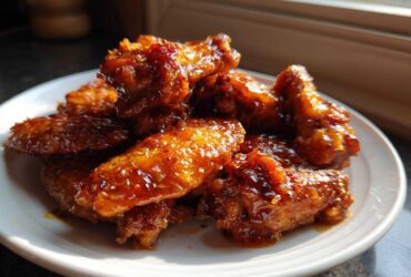 A pile of glistening Sticky Orange Chicken Wings with Honey Glaze piled high on a white plate, catching the sunlight.