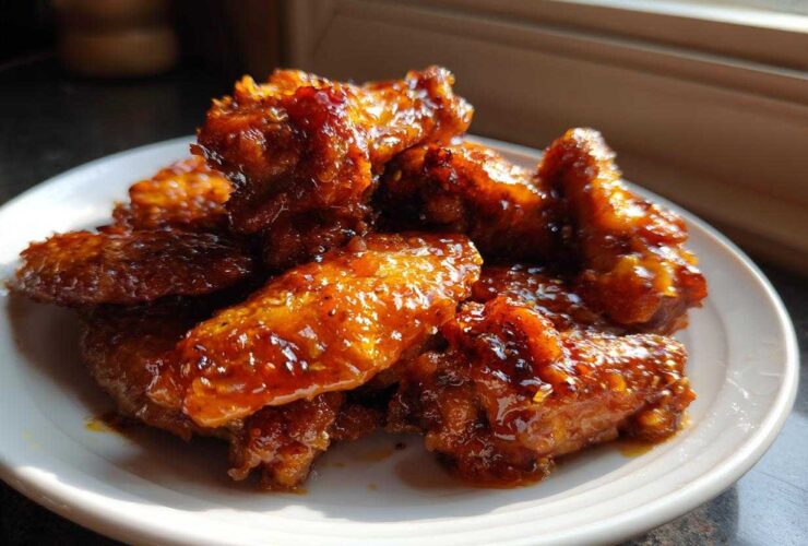 A pile of glistening Sticky Orange Chicken Wings with Honey Glaze piled high on a white plate, catching the sunlight.