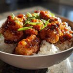Close-up of glazed Sticky Sweet Chili Chicken Skillet pieces served over white rice and garnished with green onions.