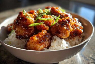 Close-up of glazed Sticky Sweet Chili Chicken Skillet pieces served over white rice and garnished with green onions.
