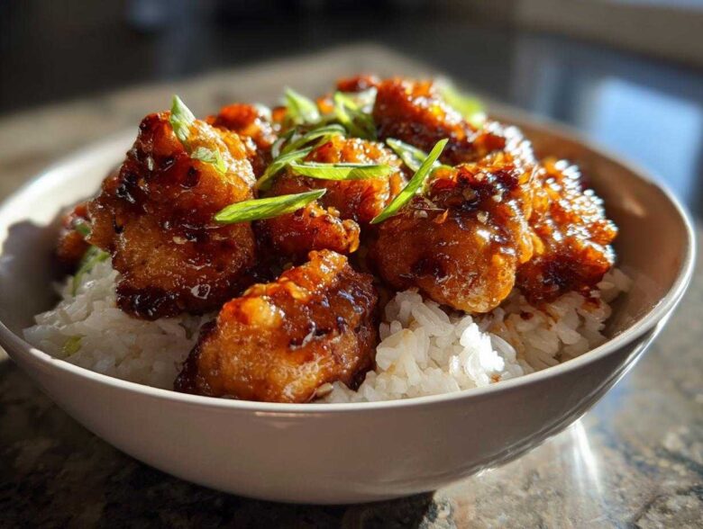 Close-up of glazed Sticky Sweet Chili Chicken Skillet pieces served over white rice and garnished with green onions.