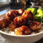 A close-up view of a white bowl filled with white rice, topped with glossy, glazed pieces of Sticky Teriyaki Chicken and bright green steamed broccoli florets.