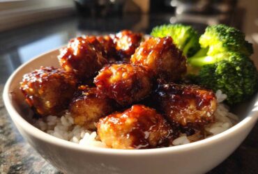 A close-up view of a white bowl filled with white rice, topped with glossy, glazed pieces of Sticky Teriyaki Chicken and bright green steamed broccoli florets.