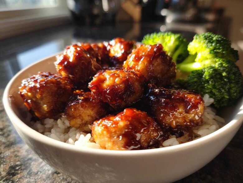 A close-up view of a white bowl filled with white rice, topped with glossy, glazed pieces of Sticky Teriyaki Chicken and bright green steamed broccoli florets.