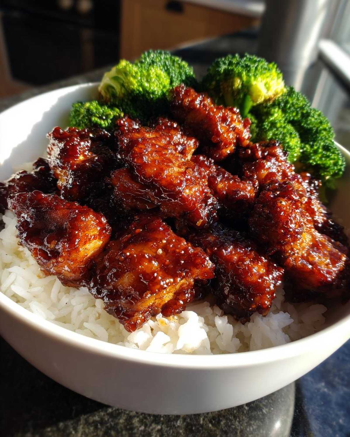 Close-up of a white bowl filled with white rice, topped with pieces of glossy Sticky Teriyaki Chicken and steamed broccoli florets.