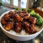 A close-up of a white bowl filled with white rice, topped generously with glistening Sticky Teriyaki Chicken and steamed broccoli florets, sprinkled with sesame seeds.