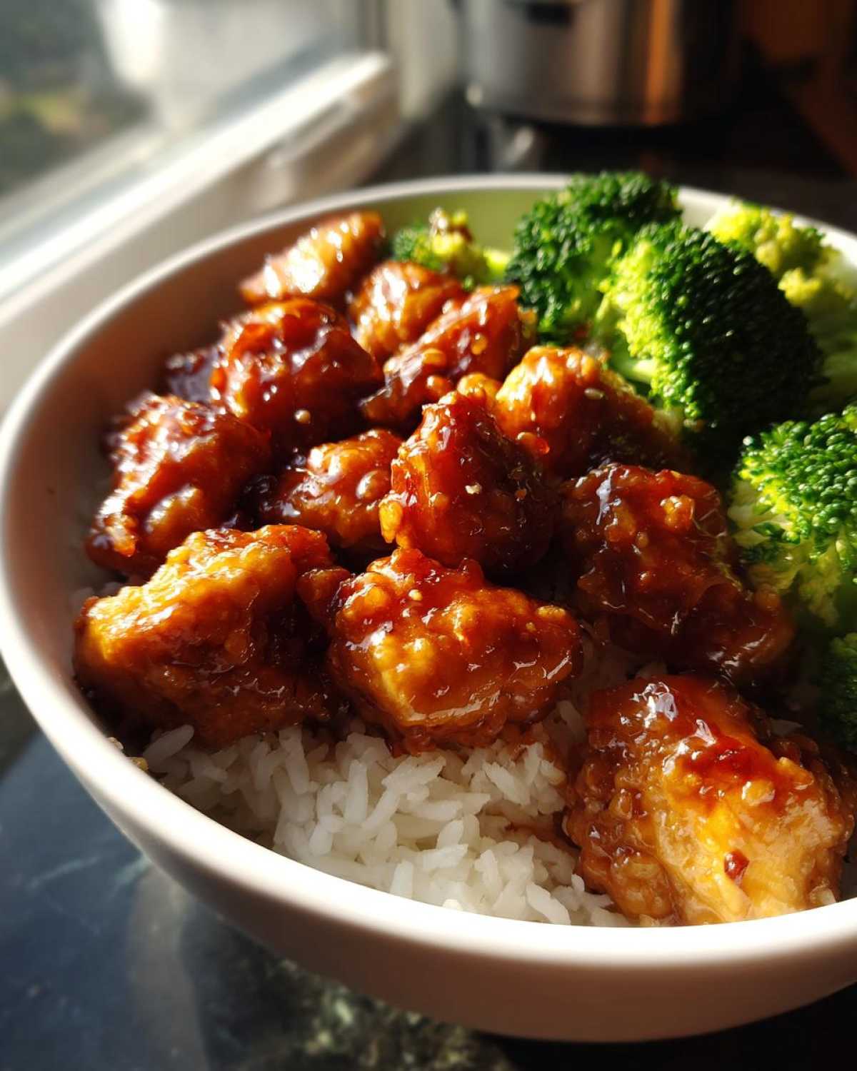 A close-up of a bowl filled with white rice, topped with glazed Sticky Teriyaki Chicken and bright green steamed broccoli florets.