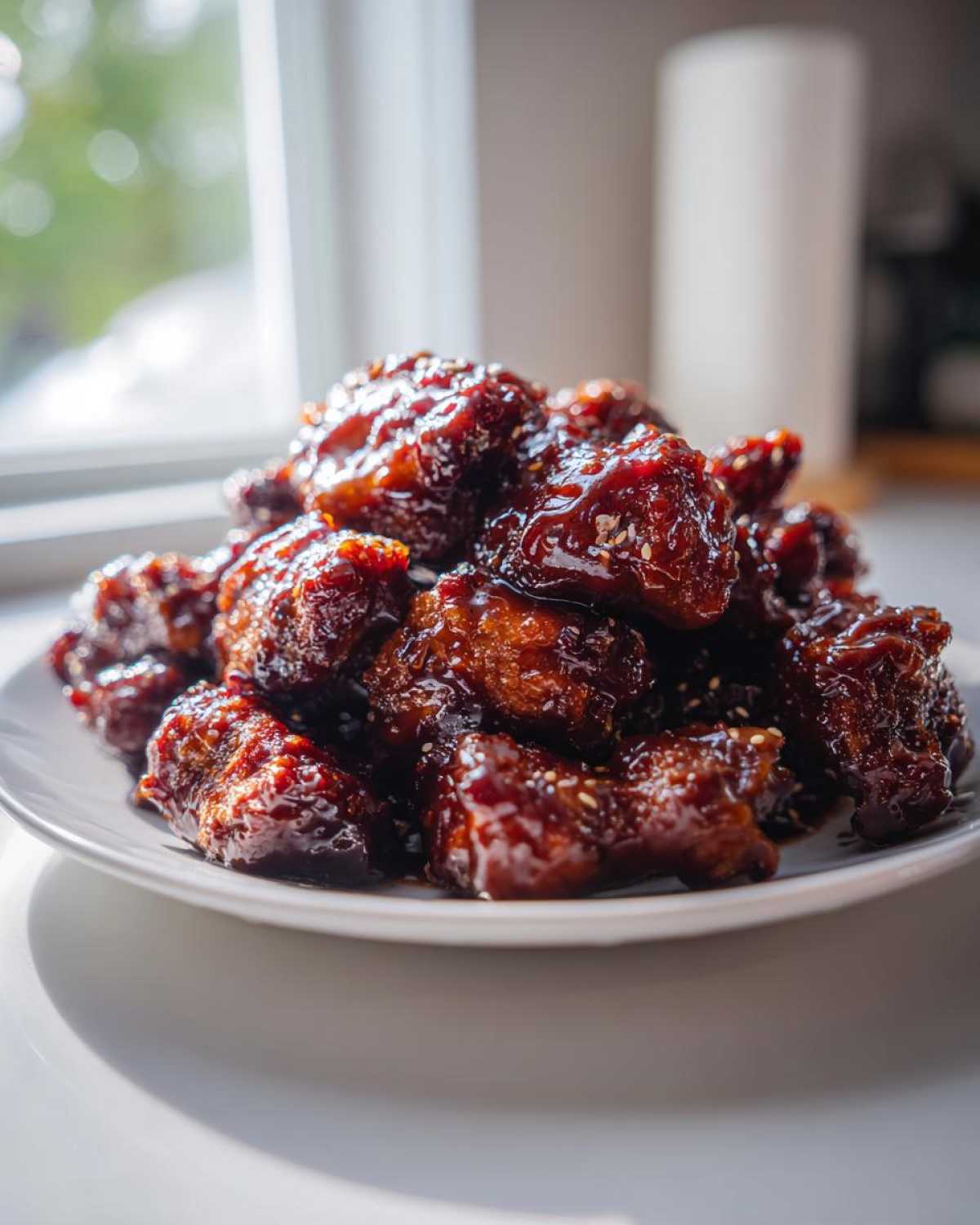 A pile of glistening, dark brown Sticky Teriyaki Chicken pieces coated in a thick glaze and sprinkled with sesame seeds.