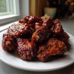 Close-up of glistening, dark glazed Sticky Teriyaki Chicken Easy Weeknight Meal pieces piled on a white plate.
